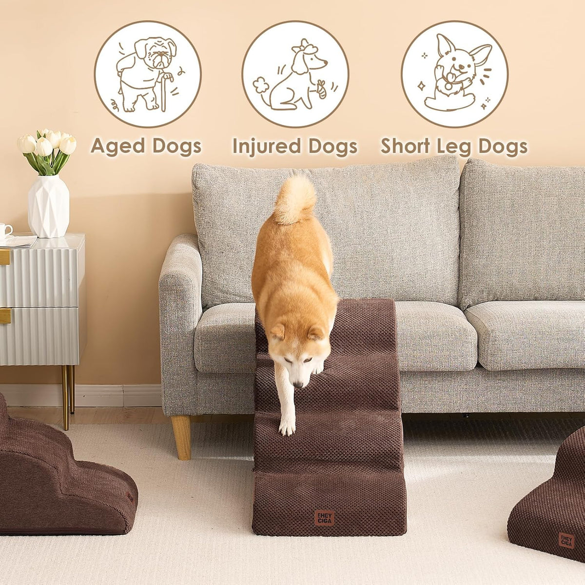 EHEYCIGA Curved Dog Stairs Ramp for High Beds 19.7" H, 4-Step Dog Steps for Small Dogs and Cats, Pet Stairs for High Bed Climbing, Non-Slip Balanced Pet Step Indoor, Brown