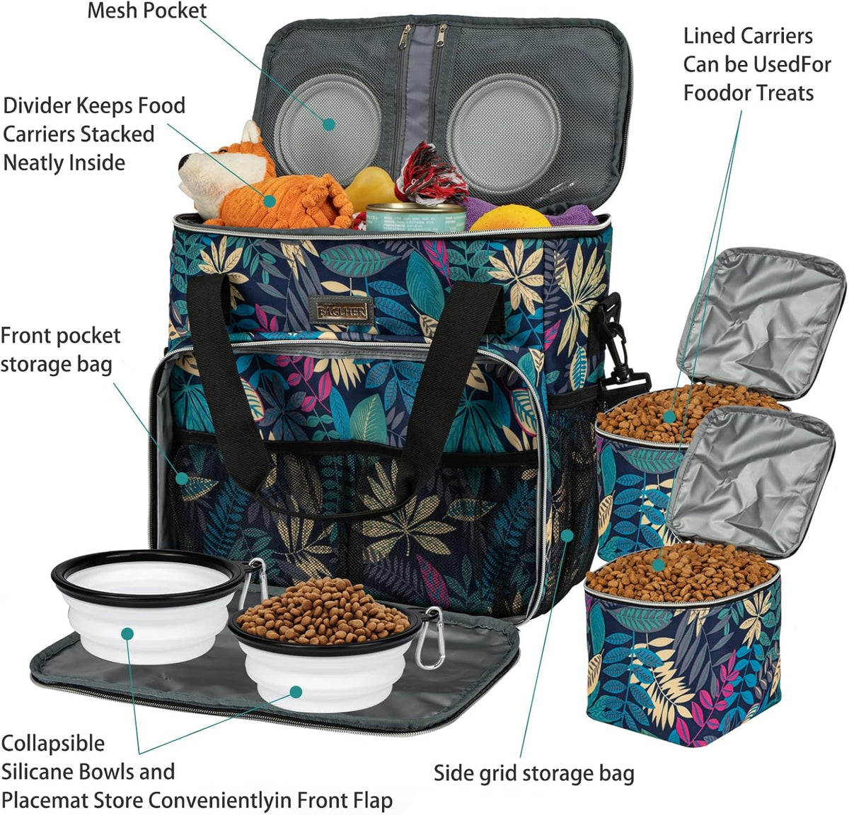 BAGLHER Dog Travel Bag, Pet Travel Bag (All Pet Travel Supplies), with 2 Pet Food Containers and 2 Collapsible Silicone Bowls; Essential Kits for Pet Travel Hawaii