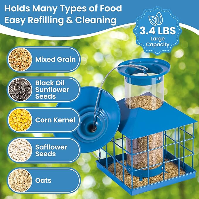 Squirrel Proof Bird Feeder, Hanging Metal Cage Bird Feeders for Outdoors, Weather Resistant Wild Bird Feeders with Finch Cardinal Chickadee, 3.4 LB Large Capacity,Blue