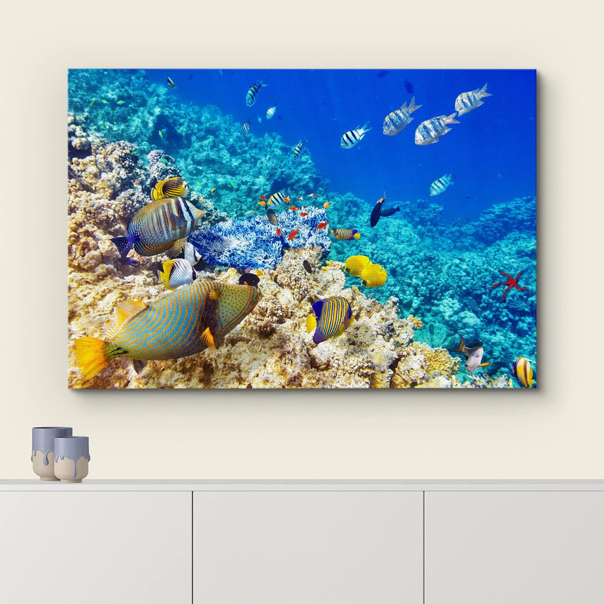 wall26 Canvas Print Wall Art Underwater Neon Blue Teal Ocean Water Fish Nature Animals Photography Realism Rustic Scenic Landscape Wilderness Earth for Living Room, Bedroom, Office - 32"x48"