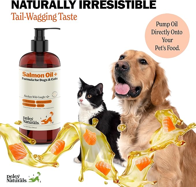 Deley Naturals Wild Alaskan Salmon Oil for Dogs - New & Improved Salmon Oil Plus Formula - Fish Oil for Dogs with DHA EPA Omega 3 & 6 Fatty Acids - Omega 3 Fish Oil for Skin & Coat - 32oz Made in USA