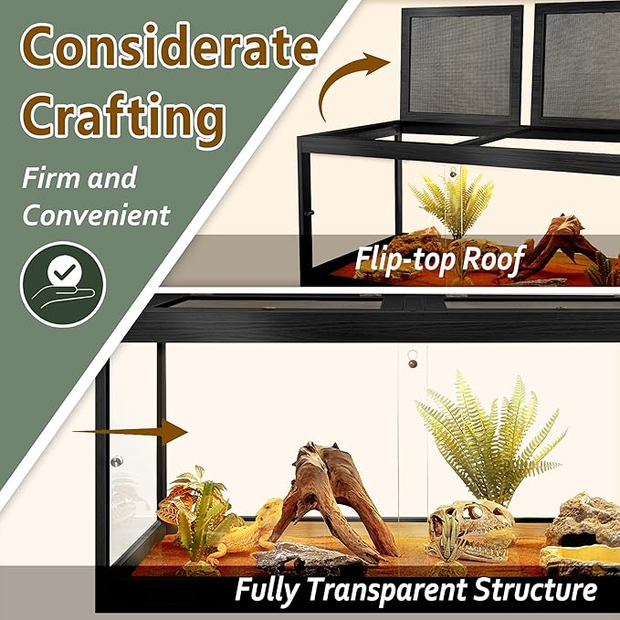 PROLEE Bearded Dragon Tank,Tempered Glass Reptile Tank with Mesh Roof and Front Sliding Door,Anti-Scratch Lizard Tank,Spacious Reptile Enclosure for Snakes,Lguanas (Black, 63Gallons,40"x20"x20")