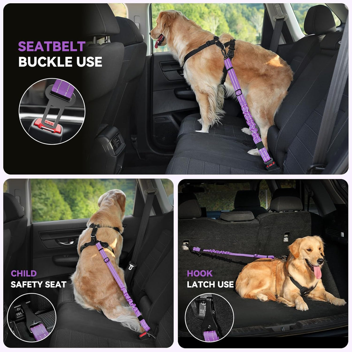 Pawaboo 2Pack Dog Seatbelt for Car, Dog Car Seat Belt Bungee, Shockproof Dog Tether for Car with Buckle & Hook Latch, Adjustable Reflective Dog Car Harness Leash with 360° Lockable Buckle, Purple