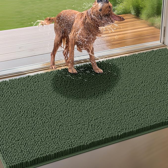 IM HOME Extra Large 71" x 25" Olive Dog Door Mats for Muddy Paws, Chenille Absorbent Dog Mat, Non Slip Heavy Mud Mat for Dogs, Soft Pet Bed Mat for Entryway, Mud Paws, Inside Floor