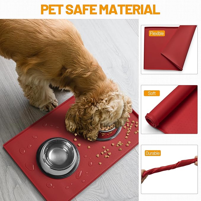 Hubulk Dog Feeding Mat,100% Waterproof Food Grade Silicone Pet Food and Water Bowl Placemat,Dishwasher, High Raised Edge to Prevent Spills,Nonslip Tray to Stop Messes on Floor（28"x18"x0.8", Red）