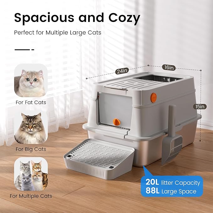 XL Stainless Steel Cat Litter Box with Easy-Open Lid, AOTRUTII Enclosed Metal Litter Box for Big Cats, Front Entry & Top Exit, High Sided, Anti-Leak, Non-Stick, Easy to Clean, Includes Scoop