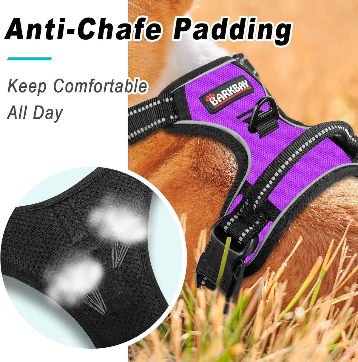 BARKBAY No Pull Dog Harness Large Step in Reflective Dog Harness with Front Clip and Easy Control Handle for Walking Training Running(Purple,L)