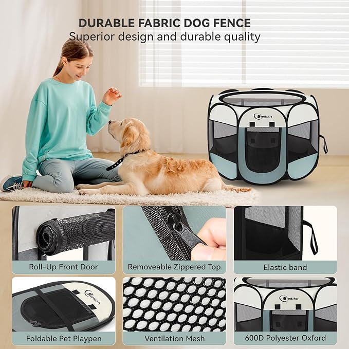 Large Dog Cat Playpen, Puppy Pet Playpen Indoor for Dog Crate Tent Cage Outdoor, Portable Pop Up Dogs Enclosure Kennel with Carrying Case for Dogs/Cats/Rabbits, Grey