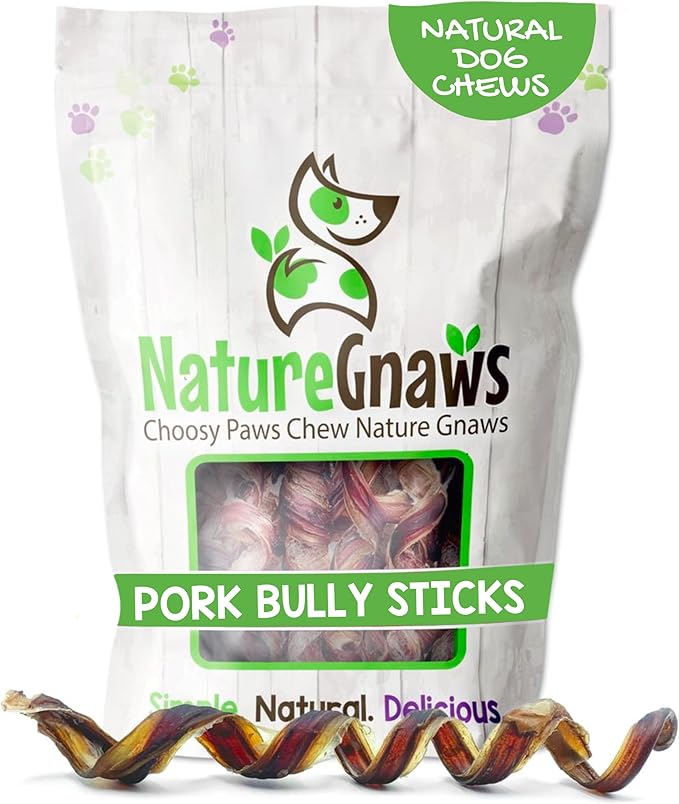 Nature Gnaws Pork Bully Stick Springs for Dogs 7-8" (12 Count) - Long Lasting for Small and Medium Dogs - Natural Bacon Dog Chew Treats - Rawhide Free