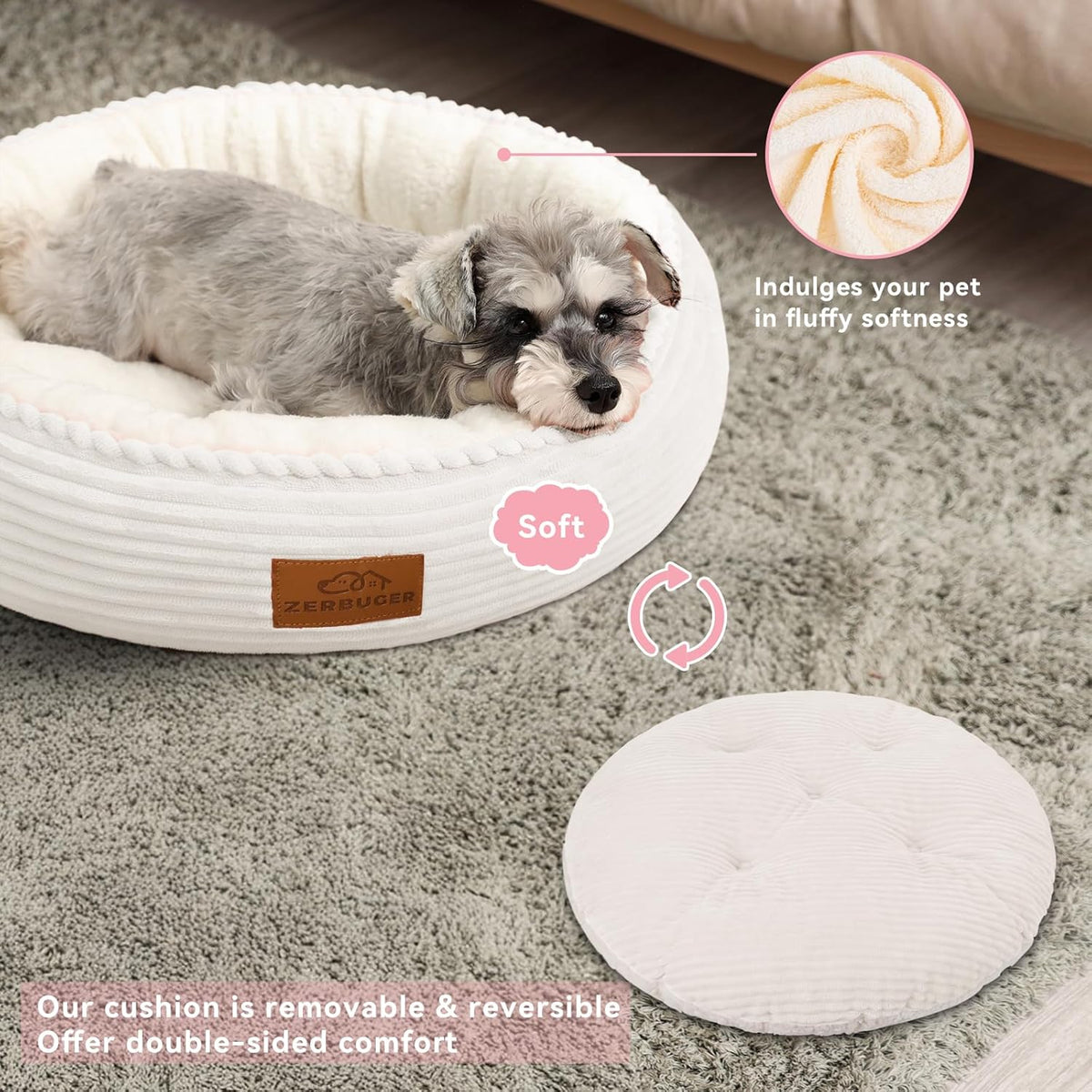 30in Round Dog Bed Sofa for Small/Medium/Large Dogs, Machine Washable Supportive Foam Pet Couch with Washable Removable Mat and Non-Slip Bottom, Pet Cuddler for Indoor/Outdoor/Car/Cage, Cream