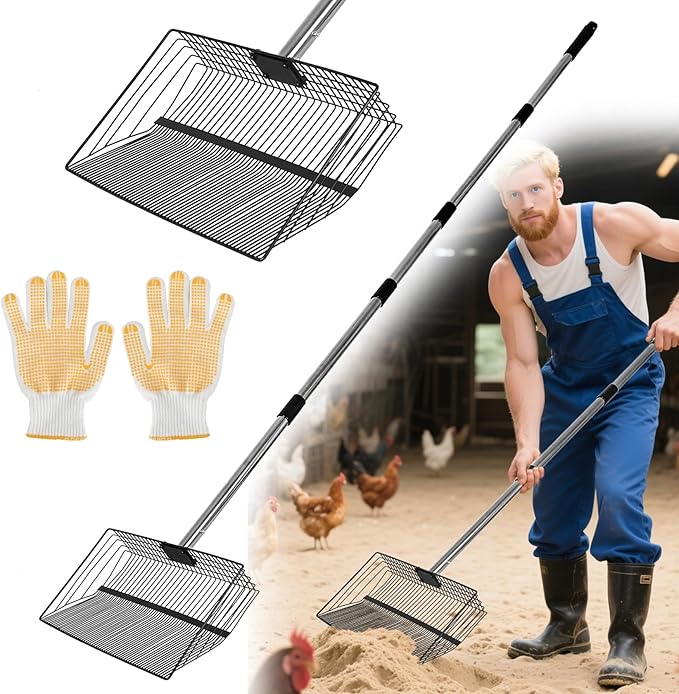 OZRVYNDAREL15 Heavy Duty Chicken Poop Scooper - All Metal Adjustable Handle (39" to 77"), Stainless Steel Sifting Shovel for Coop Cleaning, Small Mesh Design for Fine Waste, Includes Non-Slip Gloves