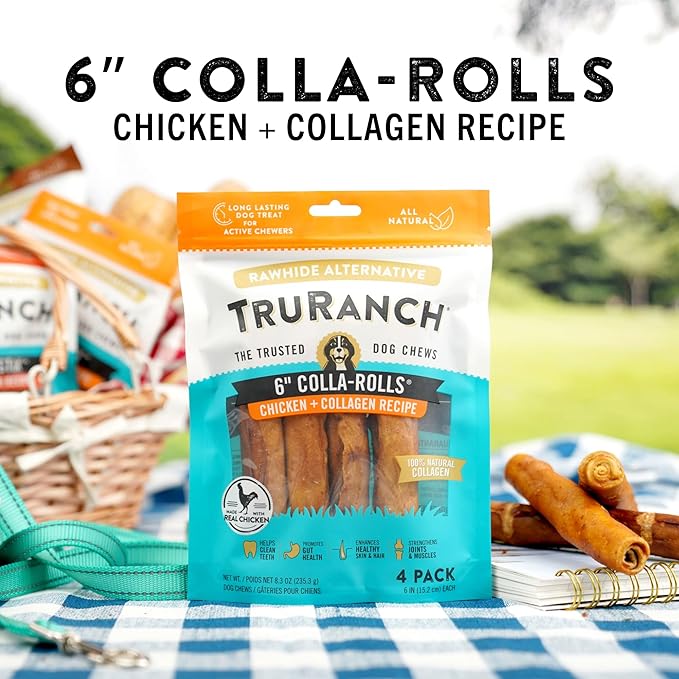 Collagen Rolls - 6" Collagen Rolls for Dogs - Long Lasting Healthy Joint Support - Rawhide Alternative - Skin & Coat Health - Made with Real Chicken, Value Pack, 3 Bags, 12 Count