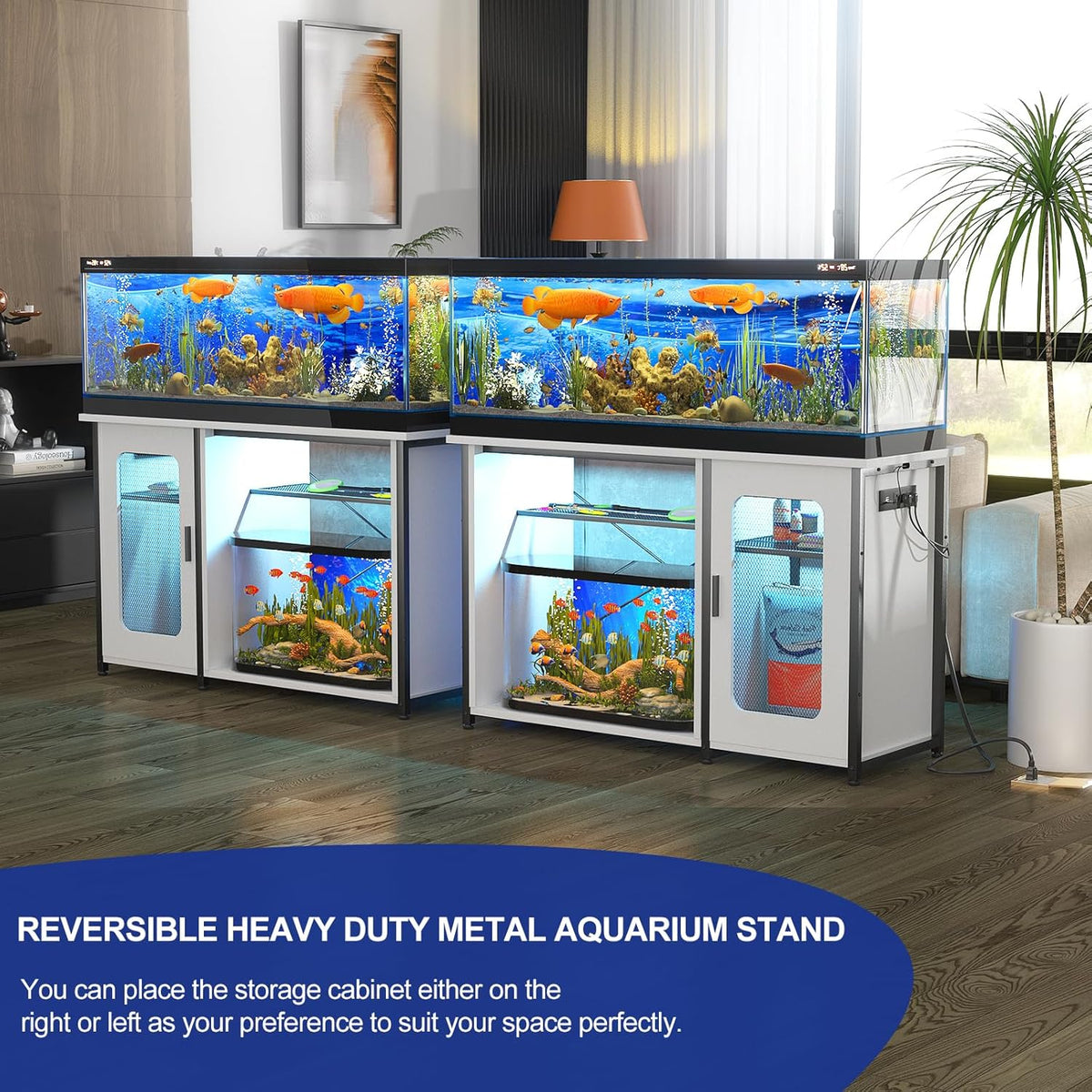 55-75 Gallon Fish Tank Stand with Power Outlets & LED Light, Reversible Heavy Duty Metal Aquarium Stand with Cabinet for Fish Tank Accessories Storage, Turtle/Reptile Terrariums, White