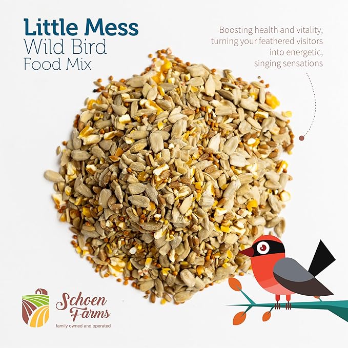 Schoen Farms Little Mess Wild Bird Food Mix – 10 lb Bag – No-Waste Seed Blend with Sunflower Hearts & Millet – Clean Backyard Feed for Finches, Jays & Cardinals