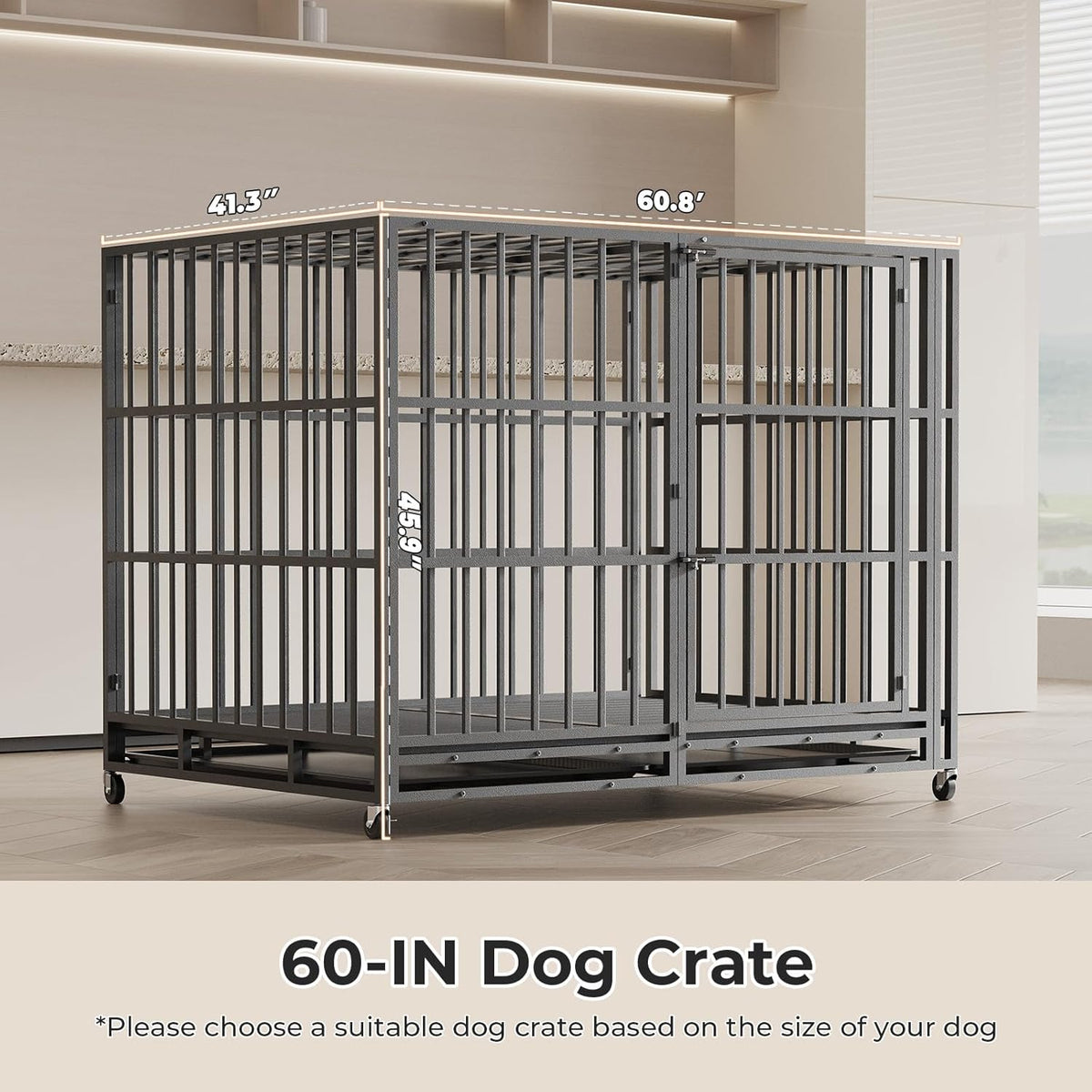 60 Inch Heavy Duty Indestructible Dog Crate Steel Escape Proof, Indoor Double Door High Anxiety Cage, Kennel with Wheels,Removable Tray,Extra Large XL XXL XXXL