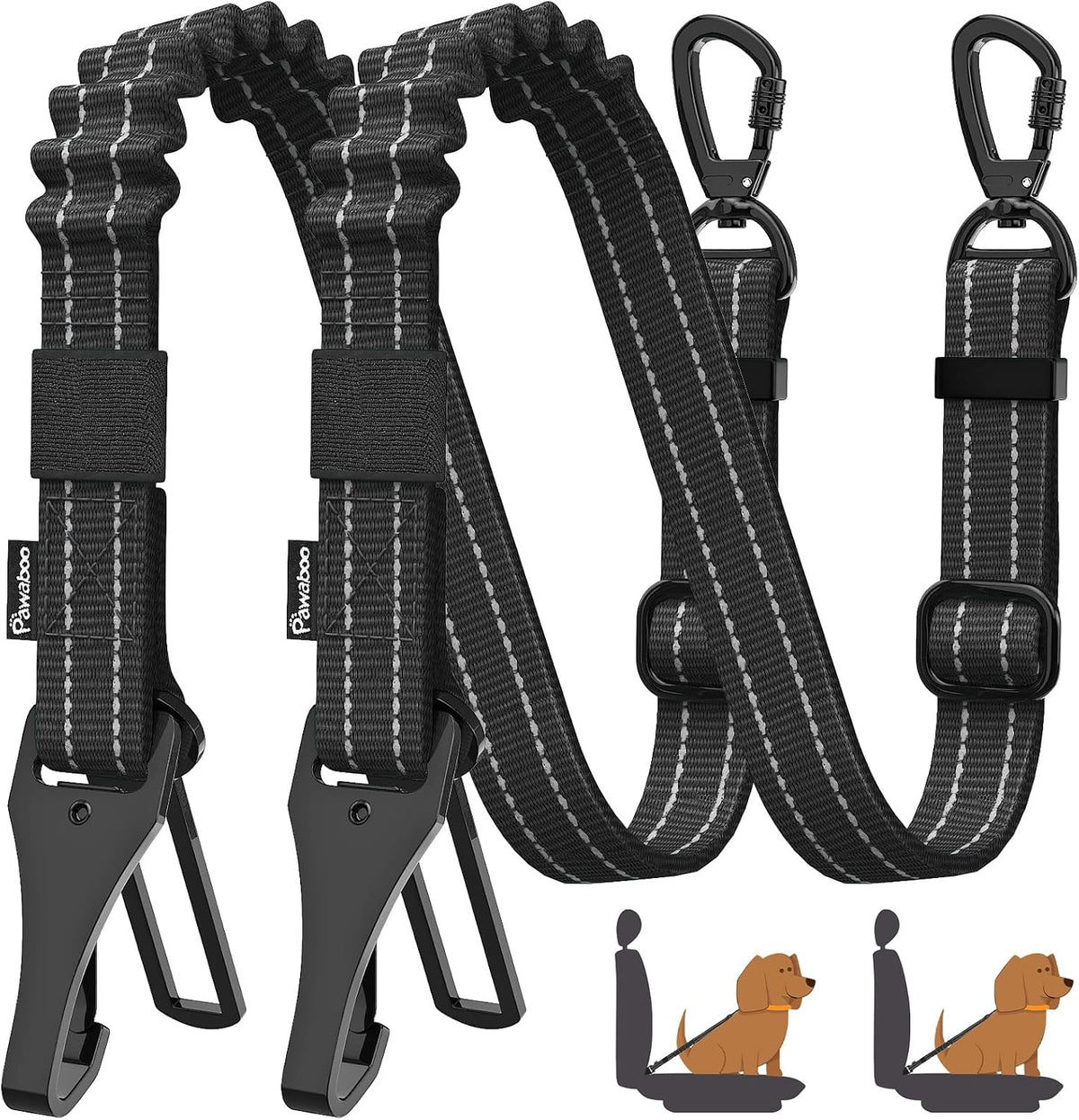 Pawaboo 2Pack Dog Seatbelt for Car, 3-in-1 Dog Car Seat Belt Bungee,Shockproof Dogs Tether for Car with Buckle & Hook Latch, Adjustable Reflective Dog Car Harness Leash with 360° Lockable Buckle,Black