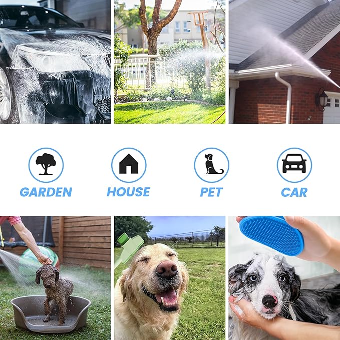 Dog Wash Hose Attachment, 10-in-1 Spray Mode Pet Shower Soap Sprayer with Grooming Comb Rubber Brush, Hose Nozzle with 100cc Soap Dispenser, for Watering, Car Wash, Dog and Horse Showering (Blue)