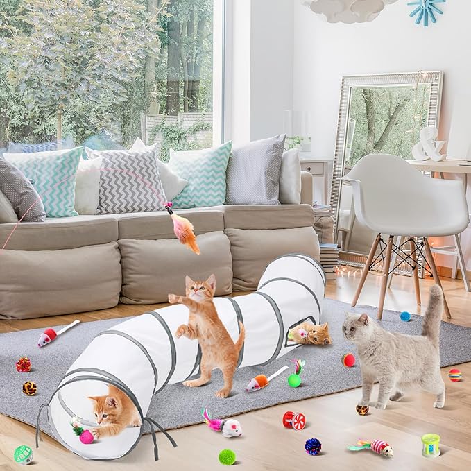 Wettarn 22 Pieces Cat Toys Set, with 2 Collapsible Tunnels for Indoor Cats and 20 Kitten Toys Tubes and Tunnels Interactive Feather Mouse Crinkle Balls for Pets Puppies(White)