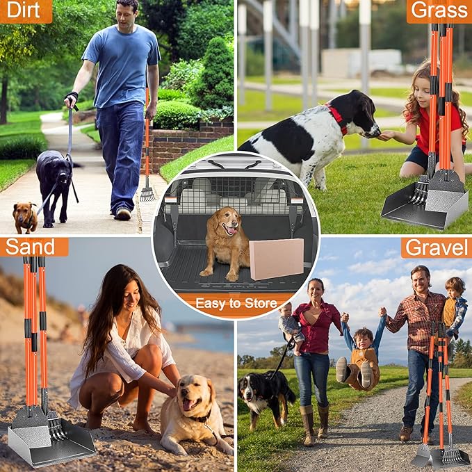 TNELTUEB Scooper Adjustable Long Handle Metal Tray Rake and Spade Poop Scooper for Dogs Pack Poop Scoop Pet Waste Removal Poop Scoop for Large Dogs and Pets Great for Lawns Grass Gravel
