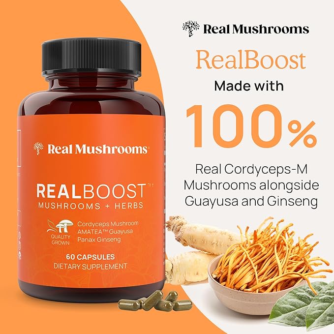 Real Mushrooms RealBoost Capsules – Cordyceps Mushroom, Panax Ginseng & Guayusa Extract – for Overall Wellness & Energy Support – Vegan, Non-GMO, No Fillers – 60 Count Mushroom Supplement Blend