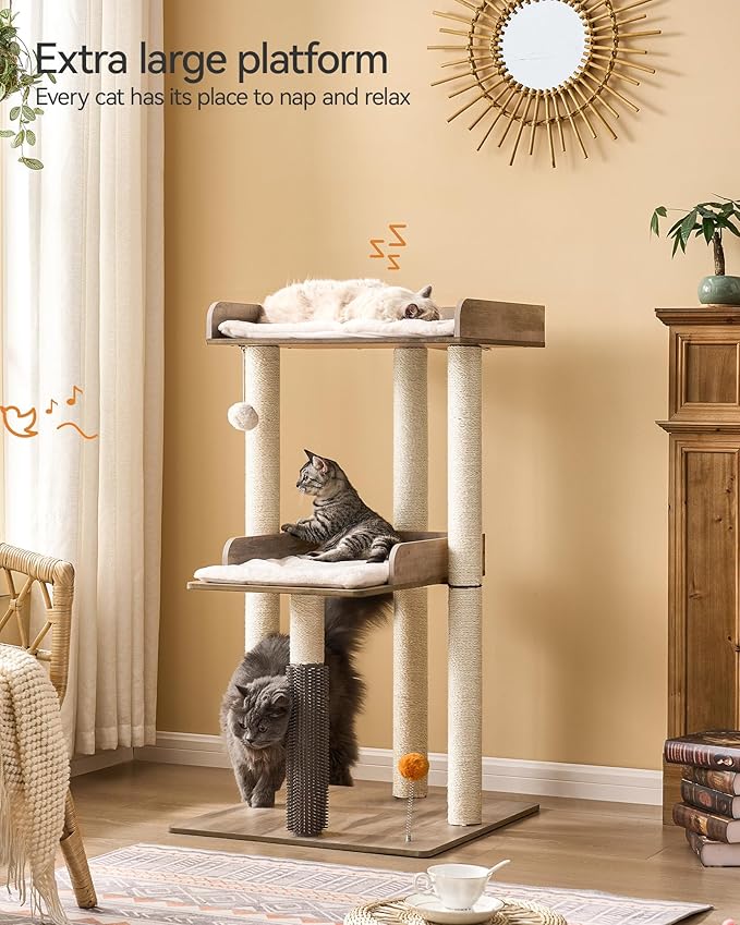 FourFurPets 43.7" Cat Tree, Modern Cat Tree Tower, Cat Tower for Indoor Cats Large Adult, Cat Condo with Scratching Post, Large Perch and Removable Pads, Greige