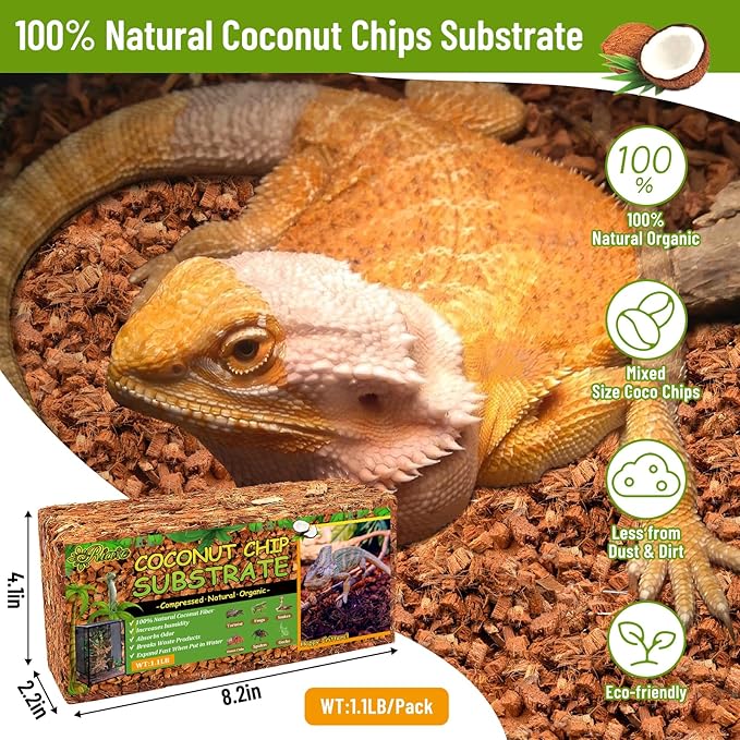 Riare 2 Pack Natural Coconut Chip Substrate for Reptiles- Compressed Coconut Husk Reptiles Bedding, Coco Husk Chip Terrarium Substrate for Snakes, Tortoises, Ball Python, Frogs, Bearded Dragon, Lizard