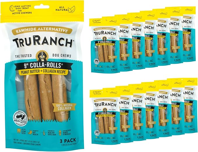 Collagen Rolls - 9" Collagen Rolls for Dogs - Long Lasting Healthy Joint Support - Rawhide Alternative - Skin & Coat Health - Made with Real Peanut Butter, Value Pack, 15 Bags, 45 Count