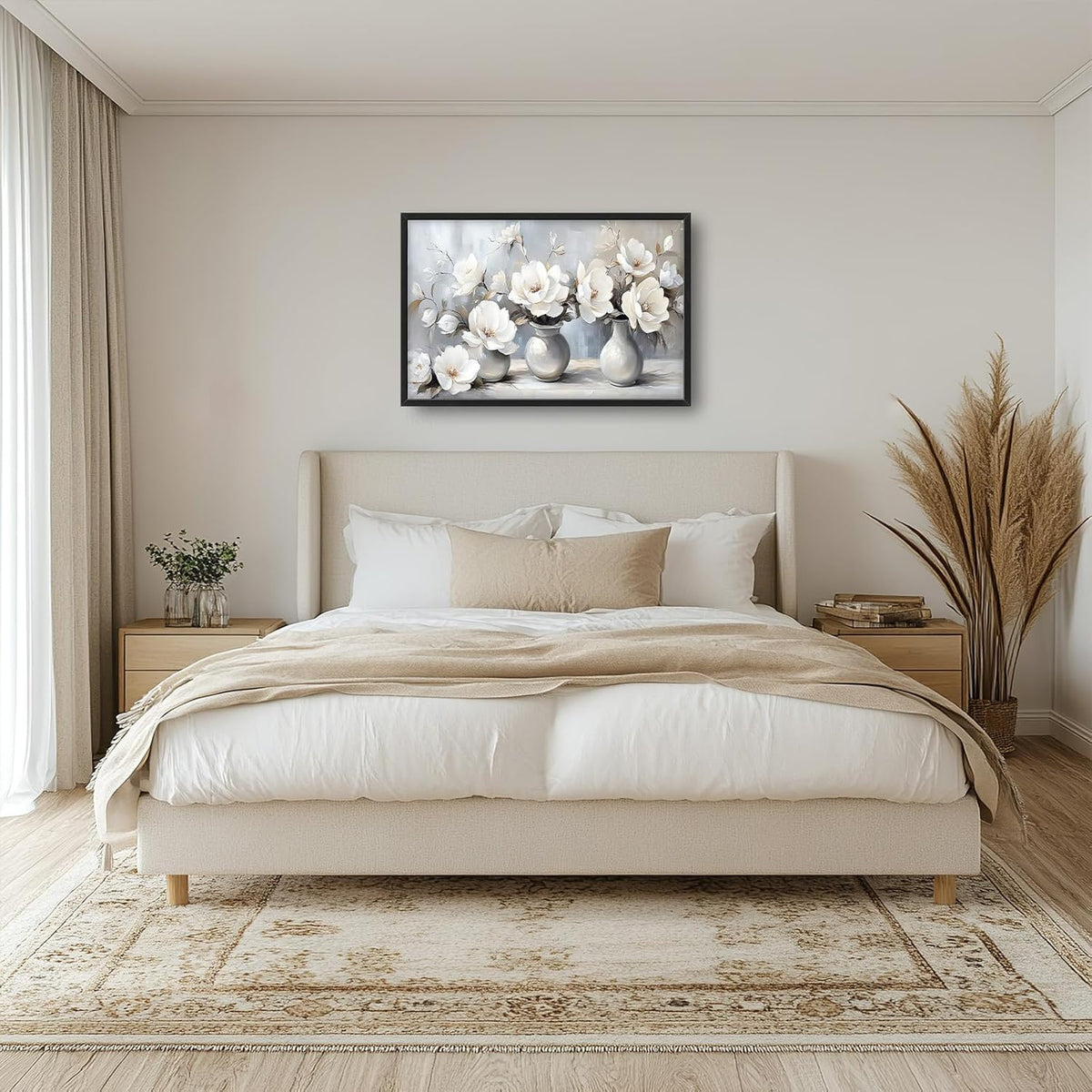 Large Farmhouse Floral Wall Art for Living Room, Framed Oversized White Flower Vase Wall Decor Grey Floral Canvas Painting Pictures Modern Artwork for Bathroom Bedroom Office Dining Room 36"x24"