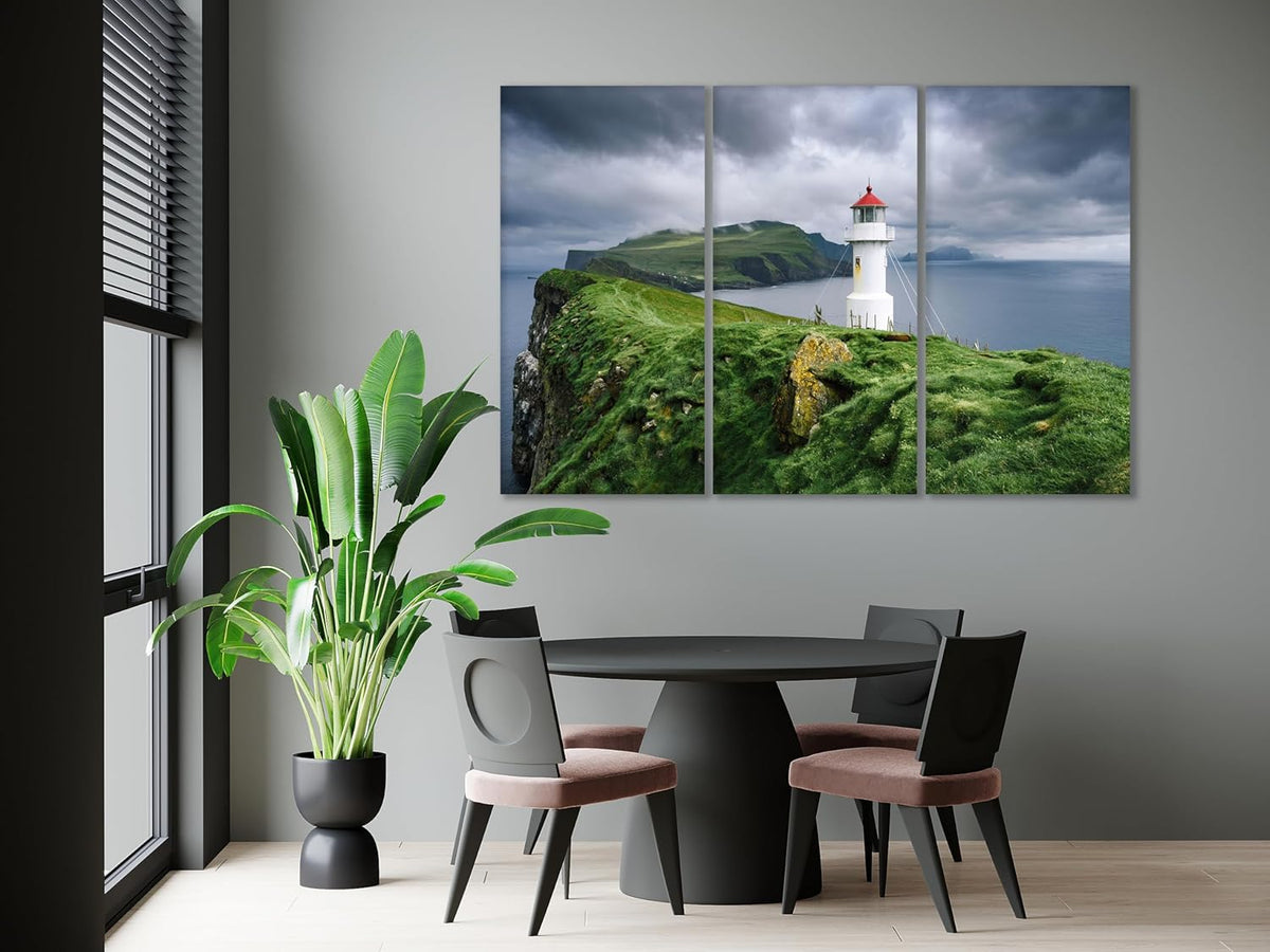 Nature Wall Art Prints - Ocean Forest Mountain Lake Canvas Landscapes - Small to Extra Large Living Room Bedroom Kitchen Bathroom Décor (Stormy Sky Lighthouse, 39L" x 59W" - 3 Panels)