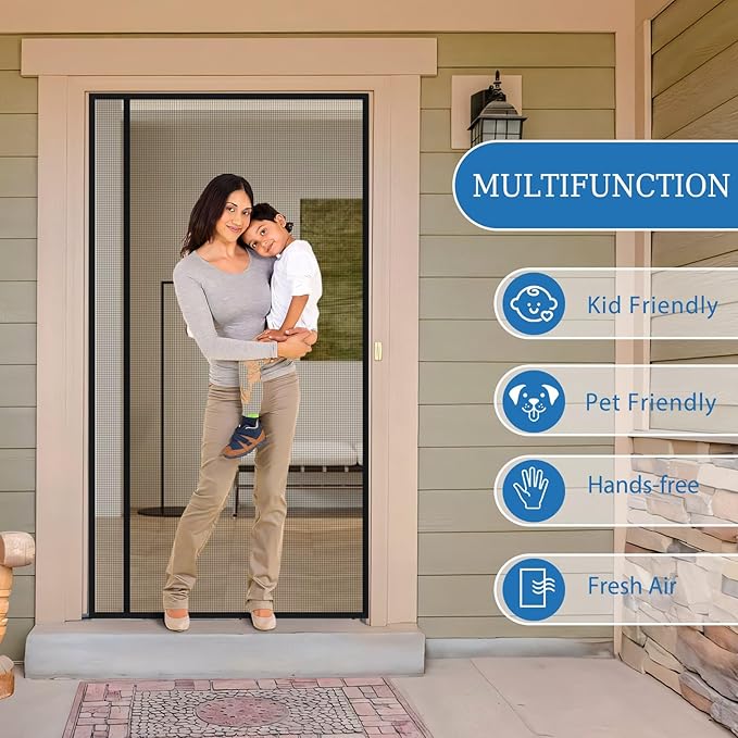 Magnetic Screen Door Left Right Side Opening Upgraded PET Mesh Greater Than Fiberglass and Polyester,Keep Bugs Out,Pet & Kid Friendly,Suitable for Sliding Doors,Patio French Doors-64" X 80"