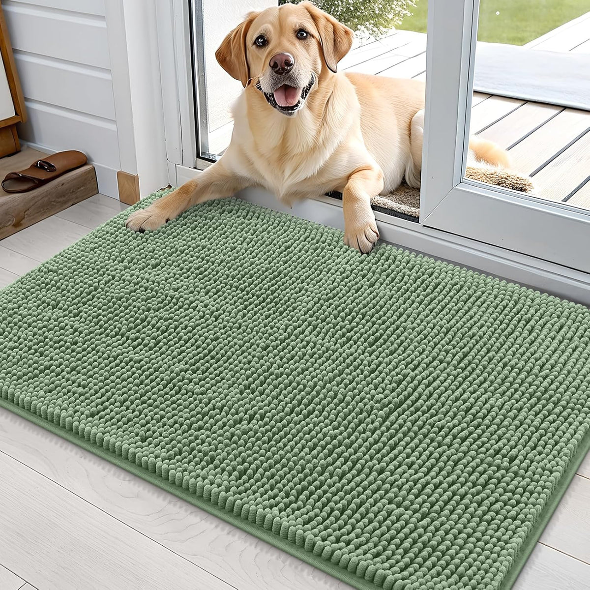 OLANLY Dog Door Mat for Muddy Paws 36x24, Absorbs Moisture and Dirt, Absorbent Non-Slip Washable Doormat, Quick Dry Chenille Mud Mat, Entry Indoor Entryway Carpet for Inside Floor, Olive Green