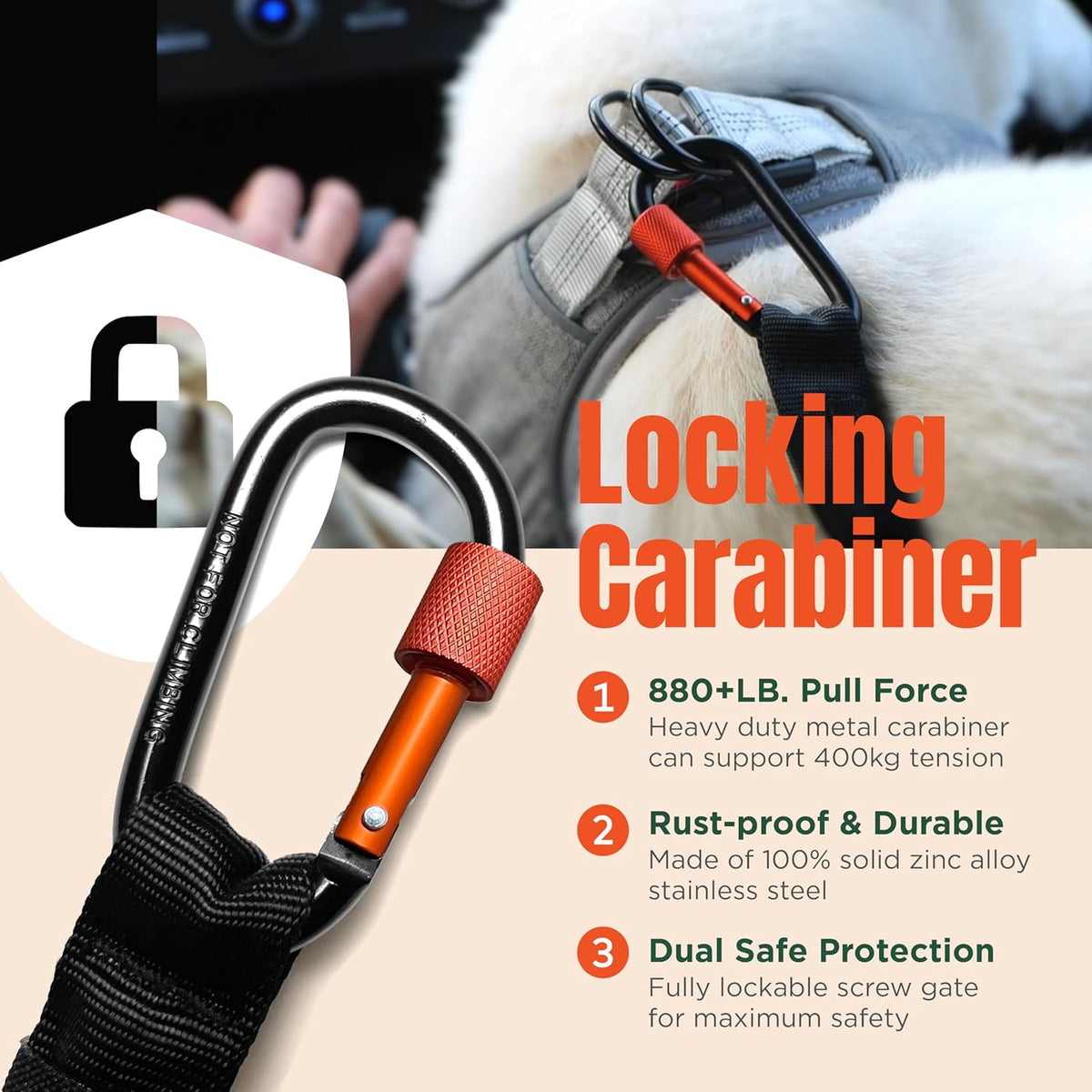 Dog Seat Belt for Car | Universal Dog Car Seatbelt | Durable Reflective Rope with Clip Hook Latch, Buckle and Carabiner- Safe and Secure Pet Safety Restraint (Orange)