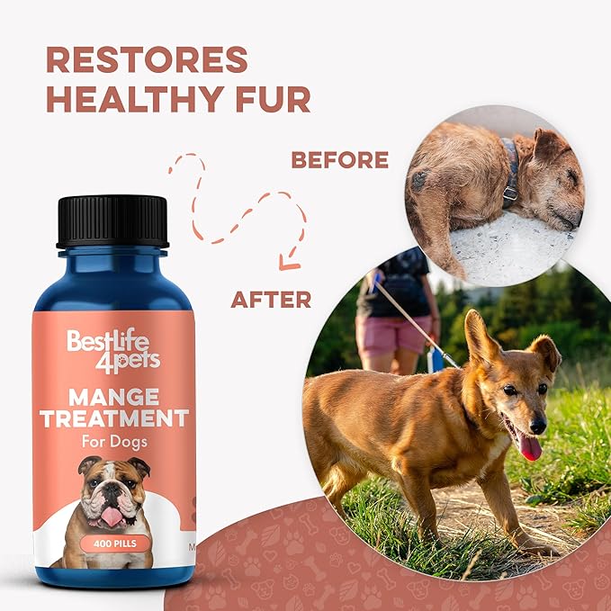 Mange Treatment for Dogs, Natural Dog Itching Skin Relief for Demodectic & Puppy Mange, Mites, Canine Scabies, Helps Dogs Skin Irritation, Hot Spots, Hair Loss, and Canine Dandruff, 400 Odorless Pills