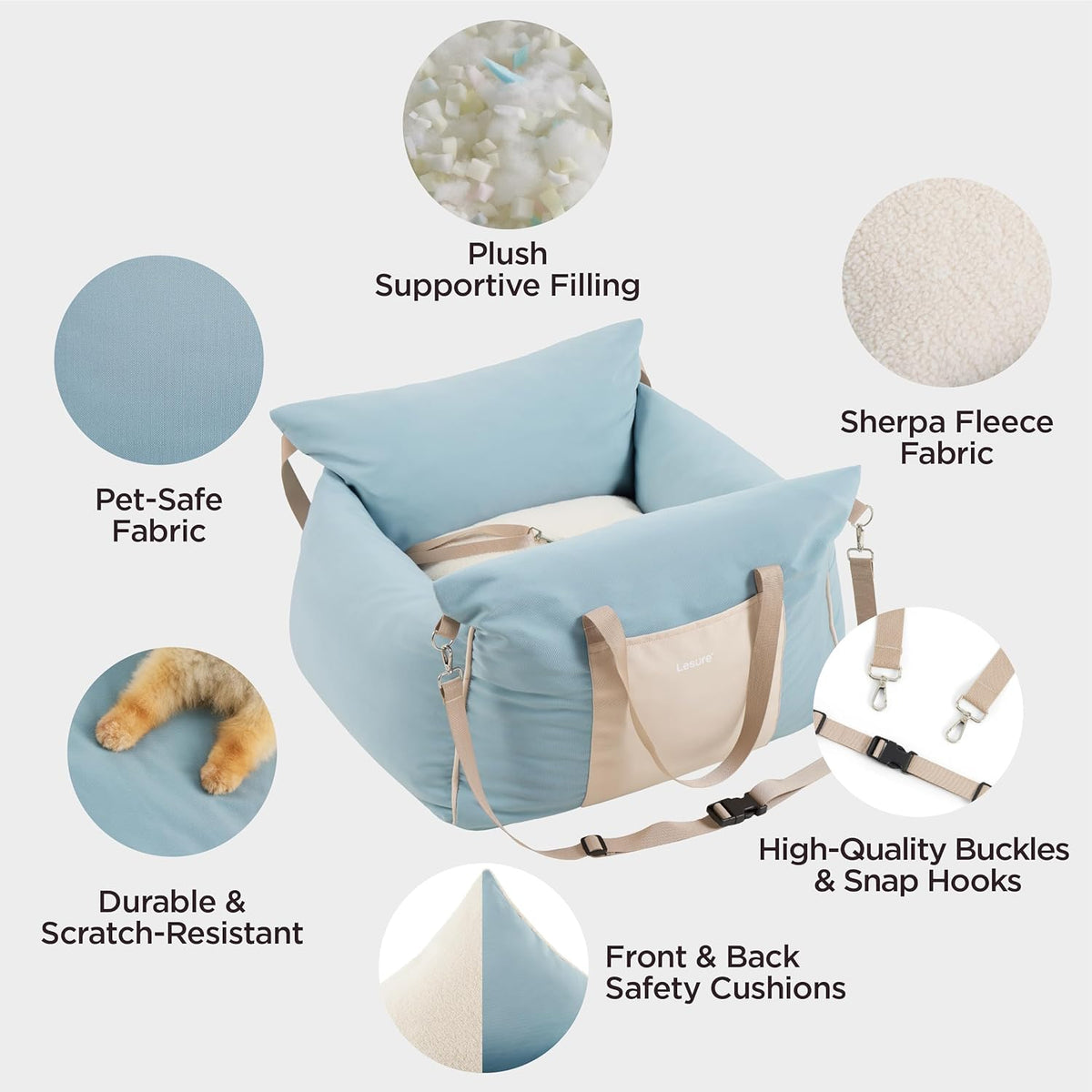Lesure Small Dog Car Seat for Small Dogs - Soft Dog Booster Seat for Car with Storage Pocket and Clip-On Safety Leash and Thickened Memory Foam Filling, Pet Travel Carrier Bed, Light Blue