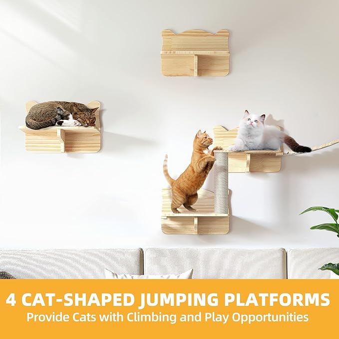 Cat Wall Shelves, Cat Wall Furniture Pine Wooden Feline Shelf, 9 Piece Shelves and Perches with Bed, House, Steps, Bridge Ladder and Scratching Post