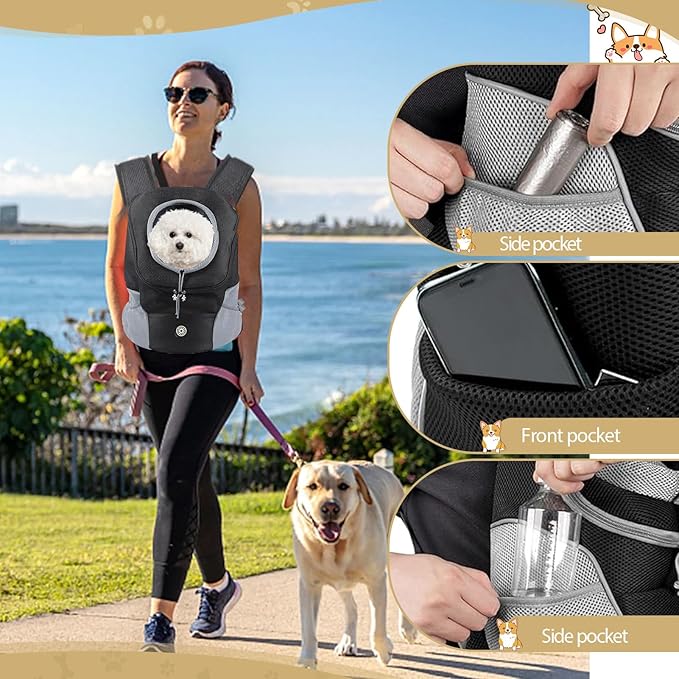 Adjustable Dog Backpack Carrier for Small Dogs, Breathable Front & Back Carry Pet Carrier with Safety Leash, Multi-Pocket Design for Hiking Travel Cycling (Medium)