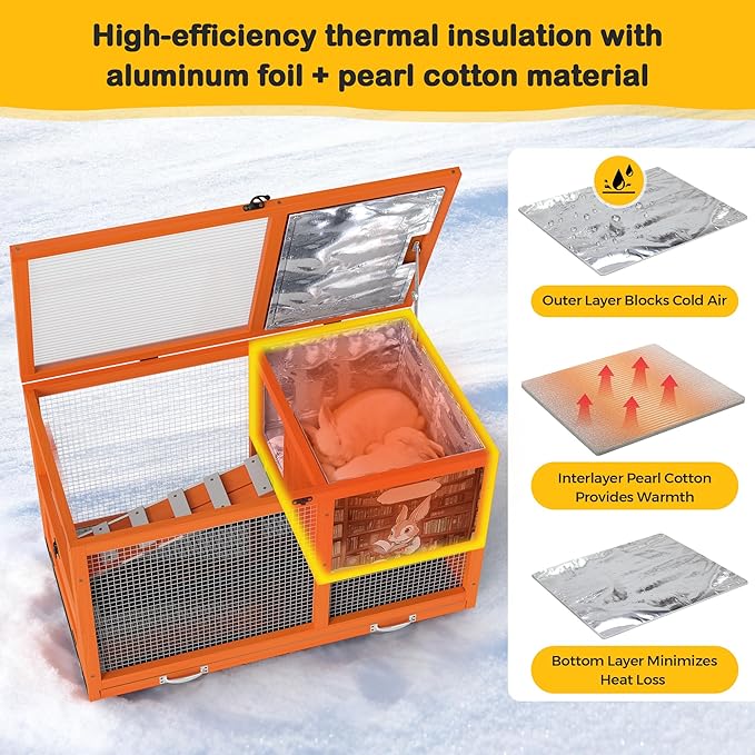 COZIWOW 36.5-Inch Double-Decker Wooden Insulated Rabbit Hutch with Wheels, Heated Rabbit Cage Featuring A Cleaning Tray and Ladder—Stylish&Easy to Assemble（Orange and Warm）