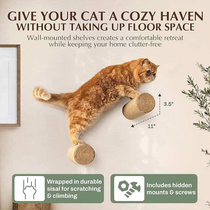 2-Pack Sisal Wall-Mounted Cat Climbing Wall Steps, Cat Wall Steps/Stairs with Sisal Scratching Surface, Wall Shelf Furniture for Climbing & Play for Kittens & Cats, Hidden Mounts