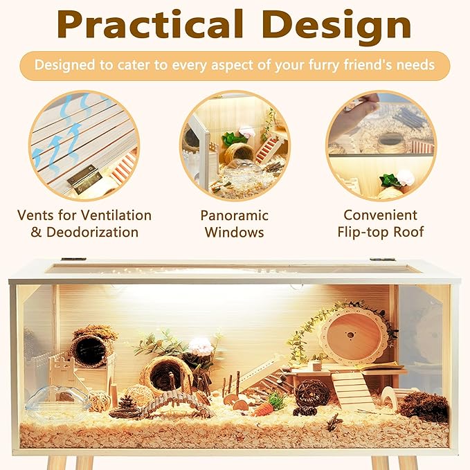 Prolee Hamster Cage Wooden Chew Proof, Extra Large Mice and Rat Habitat Openable Top with Acrylic Sheets Solid Built Small Animal Cage with Leg Stands, 48 Inch Long