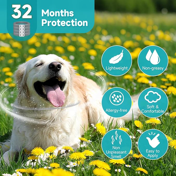 Flea and Tick Prevention for Dogs, 4 Pack Flea Collar for Dogs, Dog Flea and Tick Treatment, 32 Months Protection, Waterproof, Adjustable Collar for Dog, One Size Fits All for All Breeds, Grey
