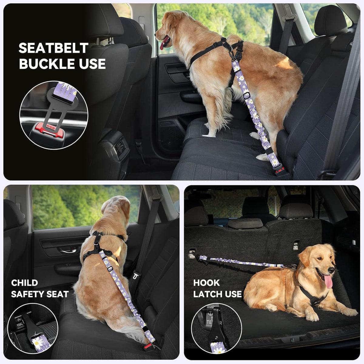 Pawaboo Dog Seatbelt for Car, Dog Seat Belt Bungee, Shockproof Dogs Tether for Car with Buckle & Hook Latch, Adjustable Reflective Dogs Cars Harness Leash with 360° Lockable Buckle, Light Purple