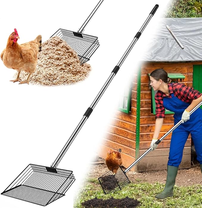 Chicken Poop Scooper for Sand - 10-inch 37 to 63" Long Chicken Coop Scoop with Stainless Steel Handle, Chicken Coop Cleaning Rake for Poop, Large Hen Litter Sifter Shovel