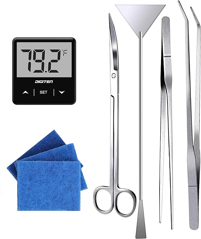 Aquarium Starter kit, The Package includes a Fish Tank Thermometer, aquascape Tool kit with a Sand Spatula, Straight Tweezers, Curved Tweezers, Curved Scissors, Handheld Sponge pad(3 PCS)