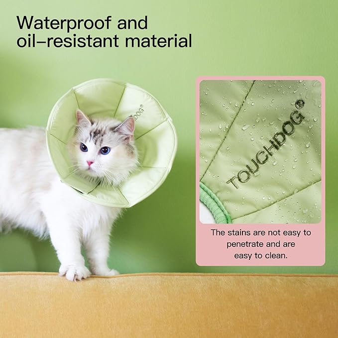 Touchdog Foldable Dog Cone Collar for Cats & Dogs - Adjustable Soft Recovery Collar with Waterproof PU Coating, Lightweight Design, 24.5cm/9.6in Wide Barrier (Green, L)