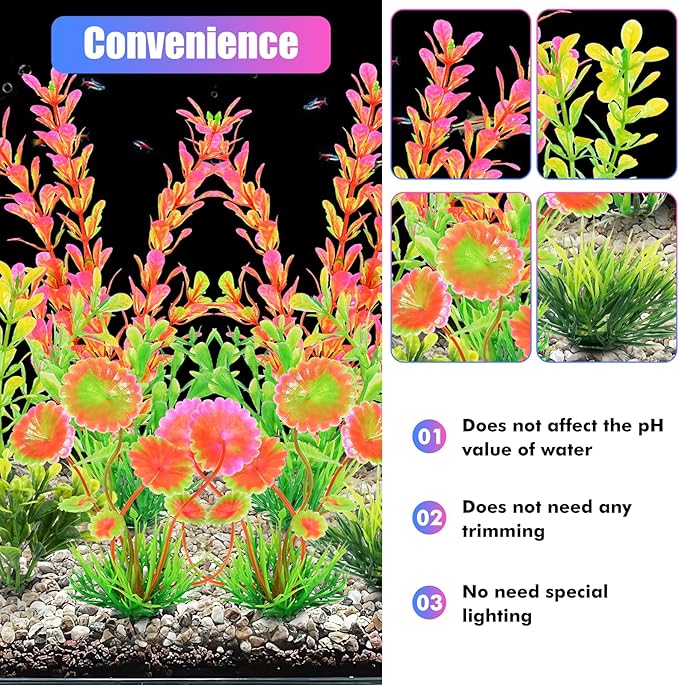 AQUANEAT Artificial Fish Tank Plants, Plastic Aquarium Decorations, Pink Accessories, 10pcs