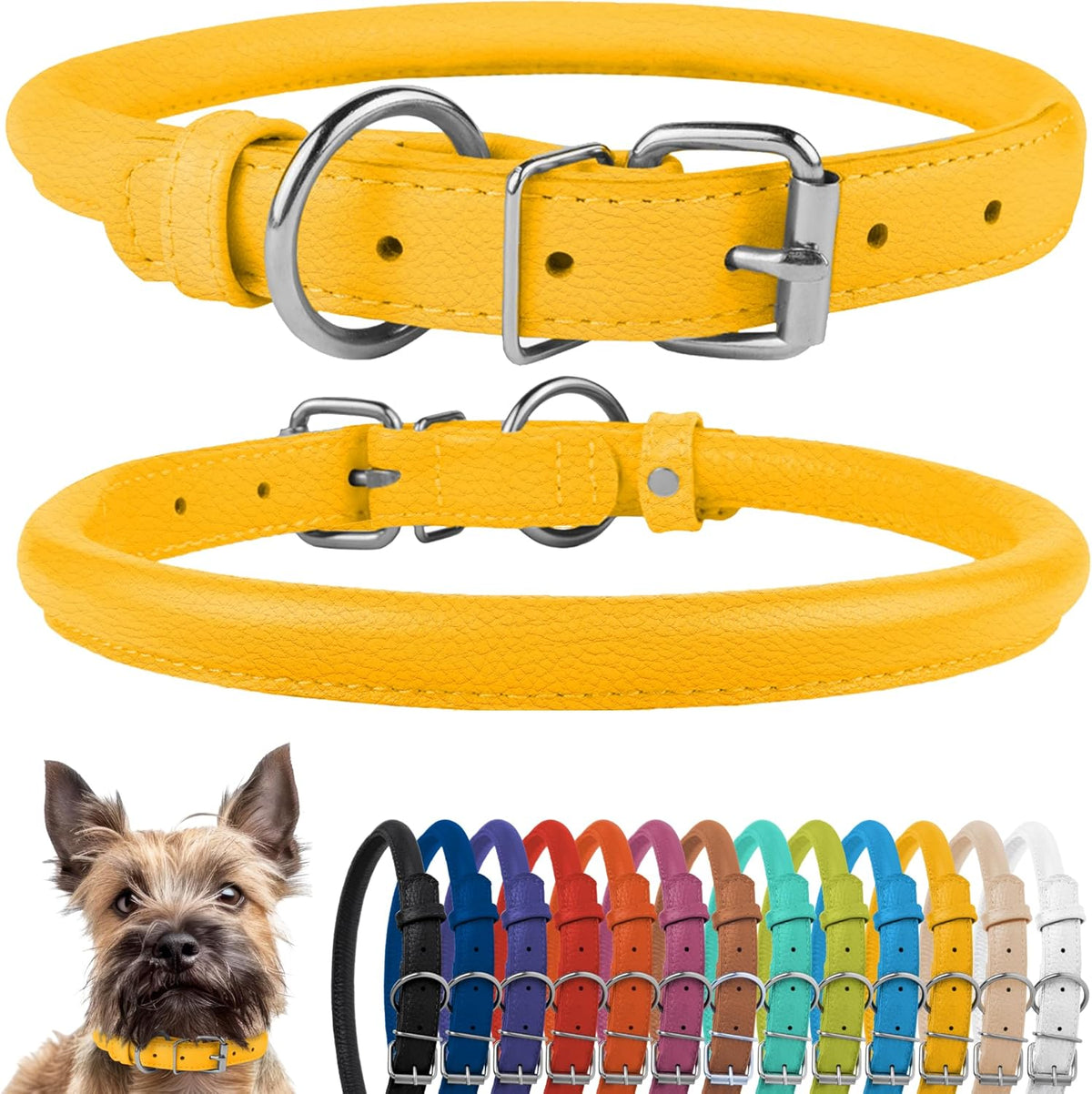 CollarDirect Rolled Leather Dog Collar, Soft Padded Round Puppy Collar, Handmade Genuine Leather Collar Dog Small Large Cat Collars 13 Colors (8-11 Inch, Yellow Textured)