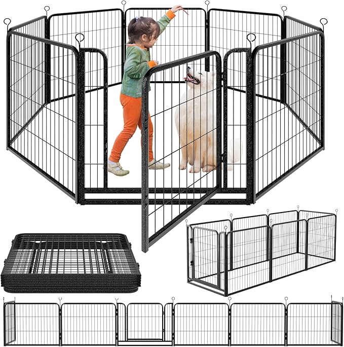 Dog Playpen Outdoor Extra Wide 8 Piece Panels Heavy Duty Dog Fence 32" Height Anti-Rust with Doors Portable for RV Camping Yard, Total 21FT, 35 Sq.ft, Snowy Black