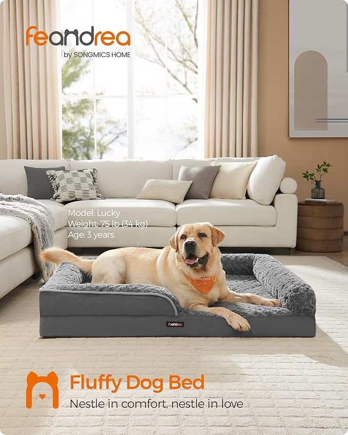Feandrea Orthopaedic Dog Bed for Large Dogs, Waterproof Dog Sofa Bed with Removable Washable Cover, 42 x 32 x 7 Inches, Slate Gray UPGW253G02