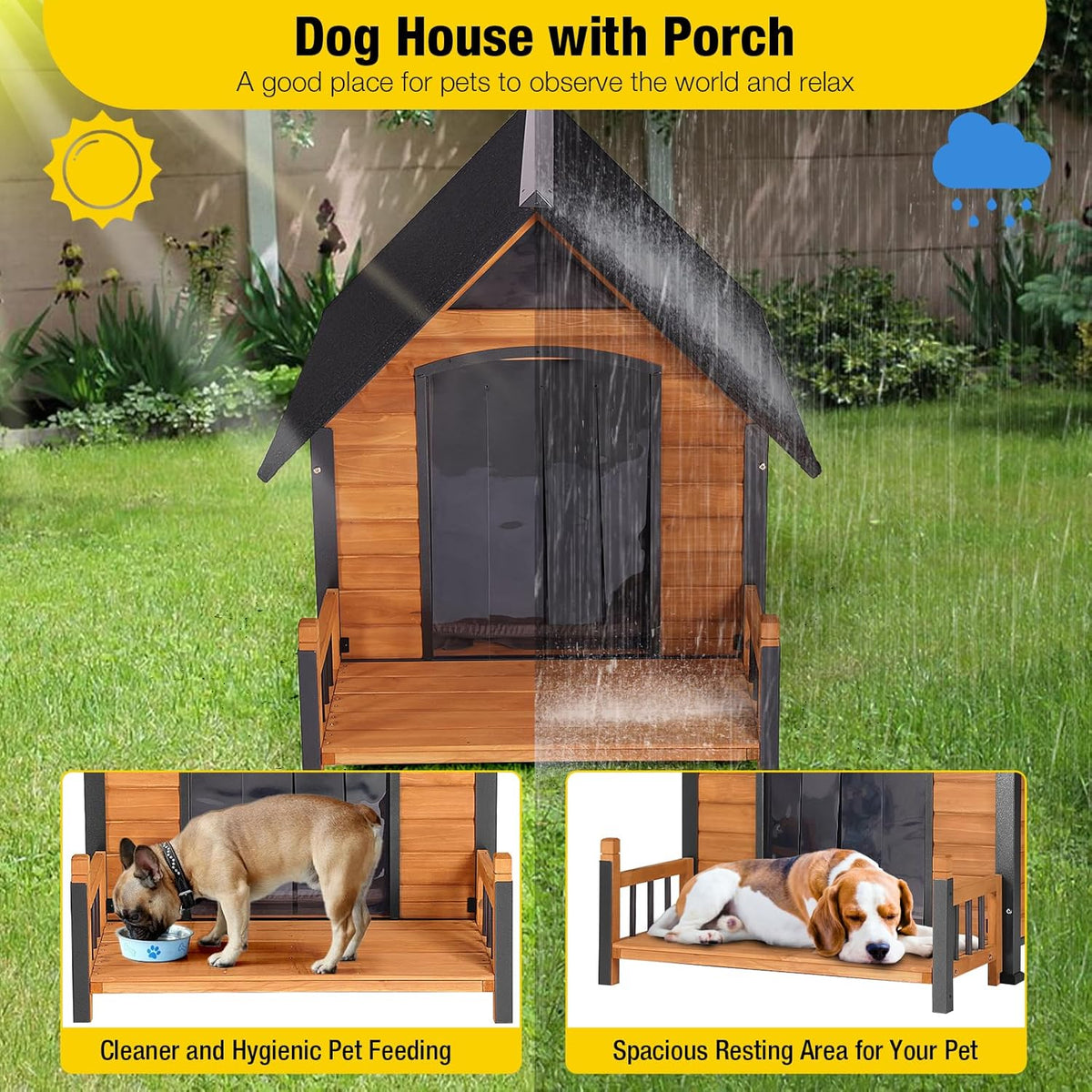 Outdoor Dog House with All-Around Insulated Liner Weatherproof Puppy Shelter Indoor Dog Kennel, Anti-Bite Dog Home for Large Breed with Porch (Brown, 50.8" D x 37.4" W x 37.2" H)