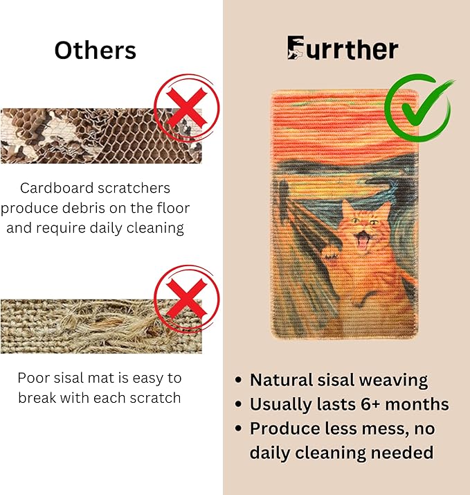 Sisal Cat Scratcher Post Mat (Use on Wall, Couch and Carpet), Durable and Shedding-Resistant Cat Scratching Surface - 21.7x13 inch with Adhesives and Twist Pins (Scream)